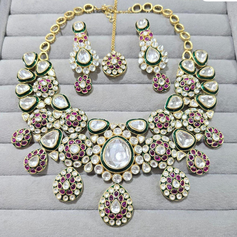 JCM Gold Plated Polki Kundan Stone And Meenakari Necklace Set