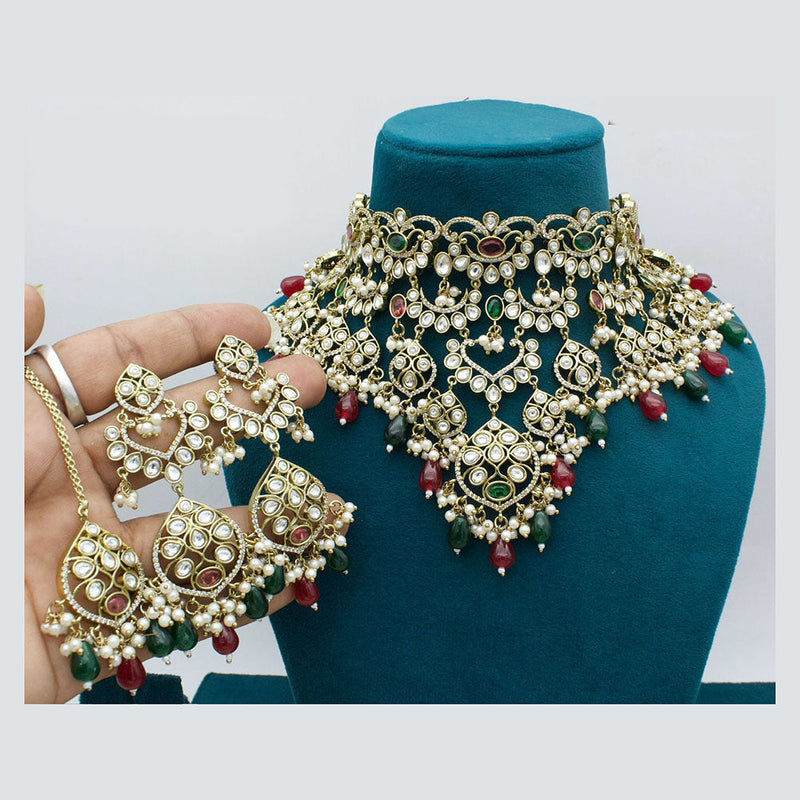 JCM Gold Plated Kundan Stone And Beads Choker Necklace Set