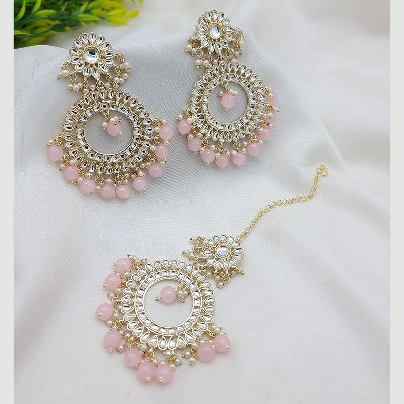 JCM Gold Plated Kundan Stone And Pearls Dangler Earrings With Maangtikka