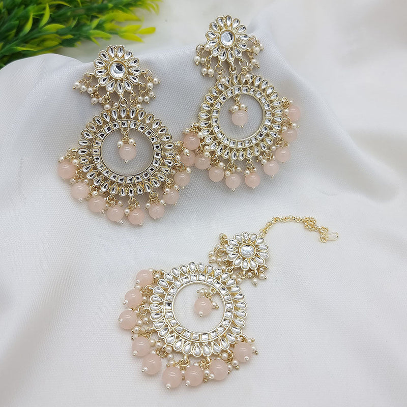 JCM Gold Plated Kundan Stone And Pearls Dangler Earrings With Maangtikka