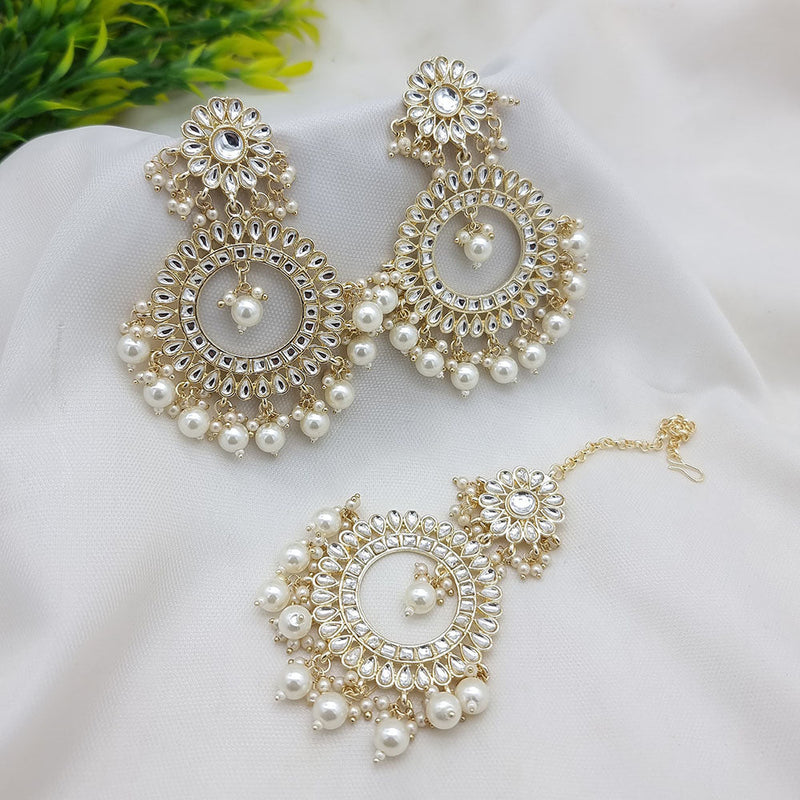 JCM Gold Plated Kundan Stone And Pearls Dangler Earrings With Maangtikka