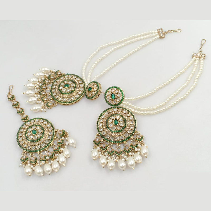 JCM Gold Plated Crystal Stone And Pearls Dangler Earrings With Maangtikka