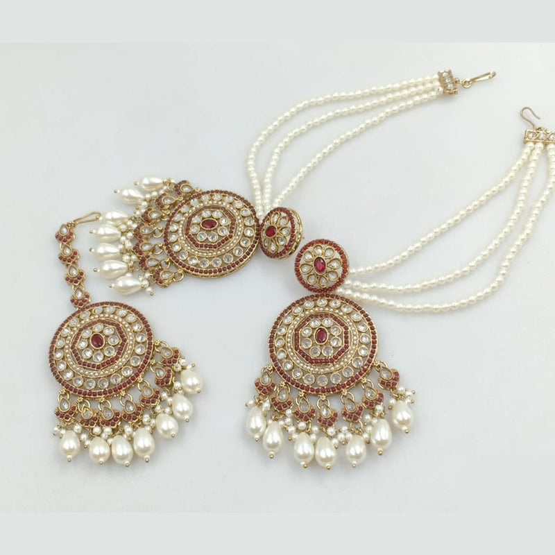 JCM Gold Plated Crystal Stone And Pearls Dangler Earrings With Maangtikka