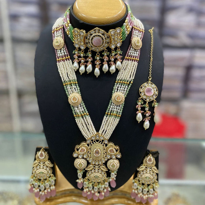 JCM Gold Plated Kundan Stone And Pearls Double Necklace Set