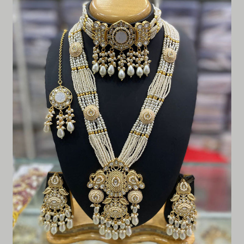 JCM Gold Plated Kundan Stone And Pearls Double Necklace Set