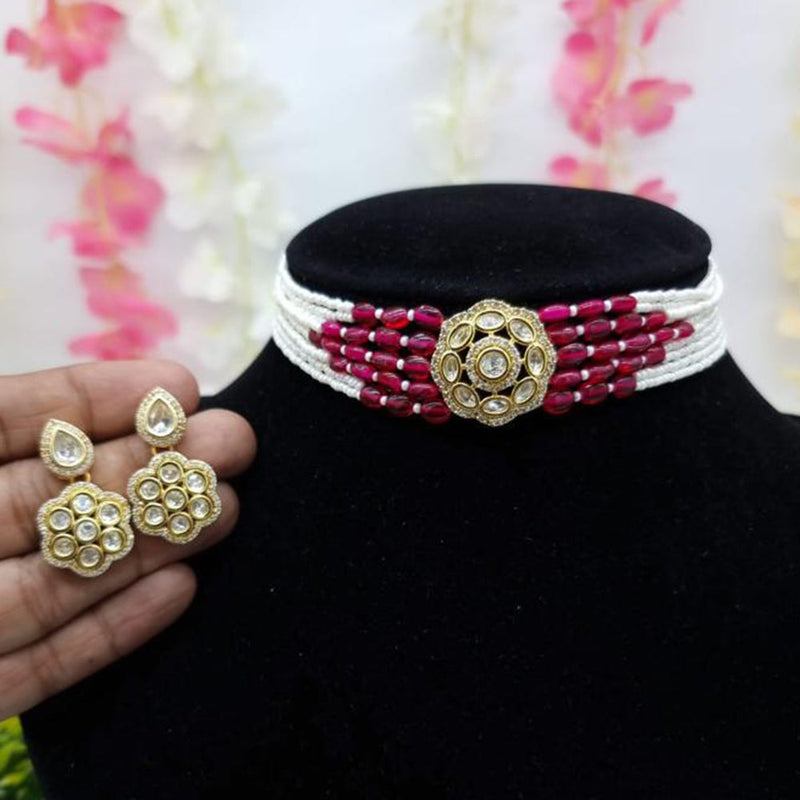 JCM Gold Plated Polki Kundan Stone And Pearls Choker Necklace Set