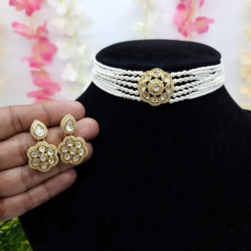 JCM Gold Plated Polki Kundan Stone And Pearls Choker Necklace Set