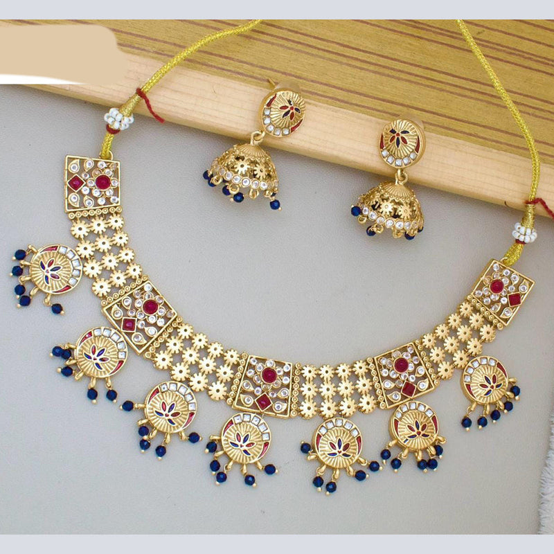 JCM Gold Plated Pota Stone And Meenakari Beads Necklace Set