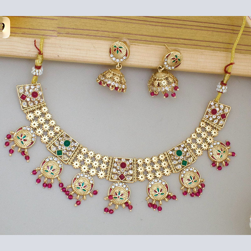 JCM Gold Plated Pota Stone And Meenakari Beads Necklace Set