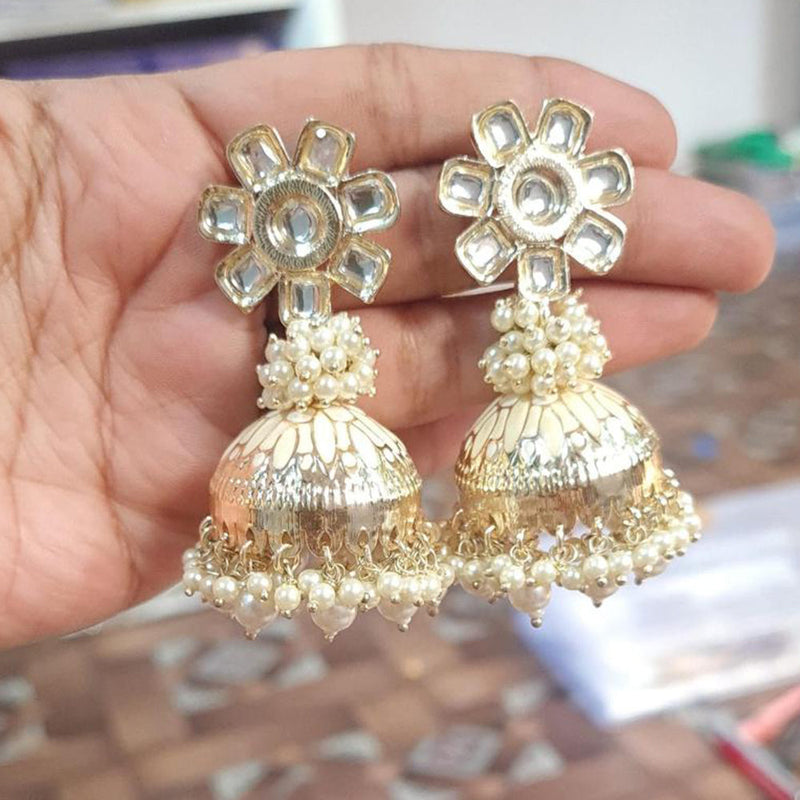 JCM Gold Plated Kundan Stone And Pearls Meenakari Jhumki