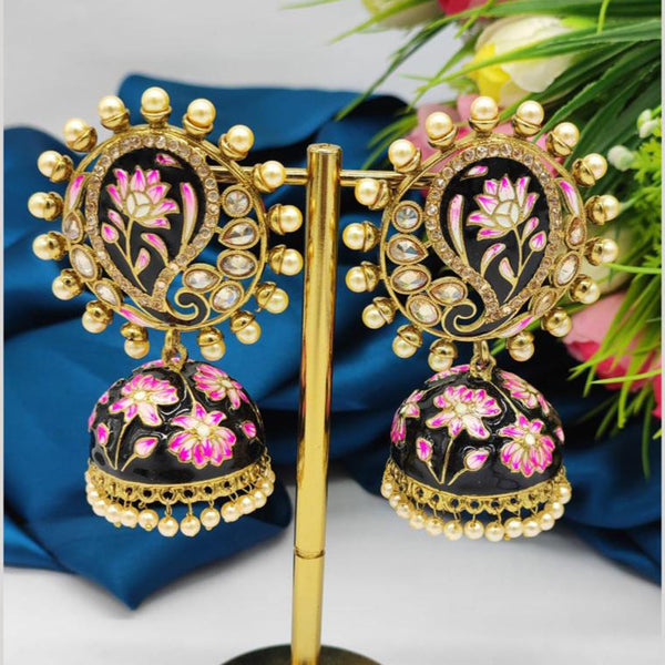 JCM Gold Plated Crystal Stone And Pearls Meenakari Jhumki