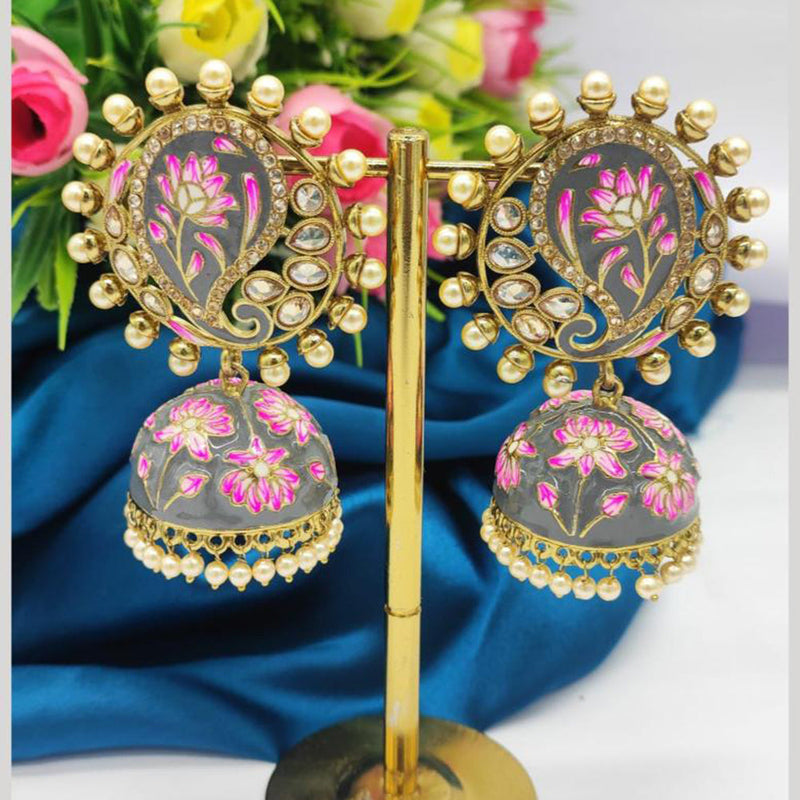 JCM Gold Plated Crystal Stone And Pearls Meenakari Jhumki