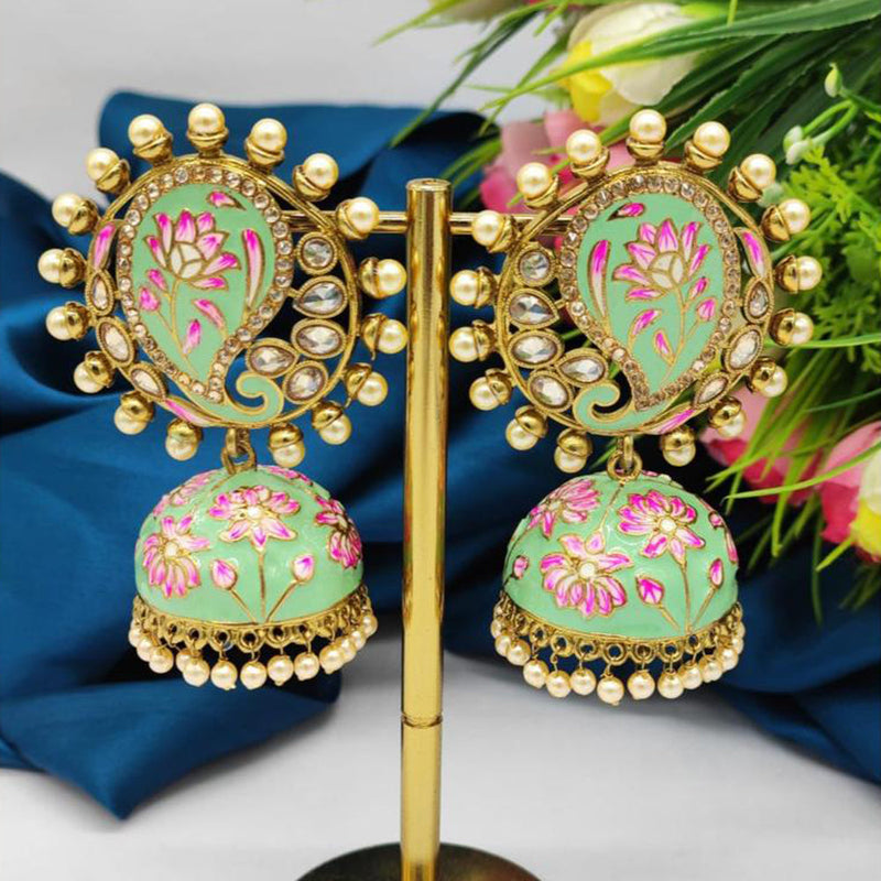 JCM Gold Plated Crystal Stone And Pearls Meenakari Jhumki