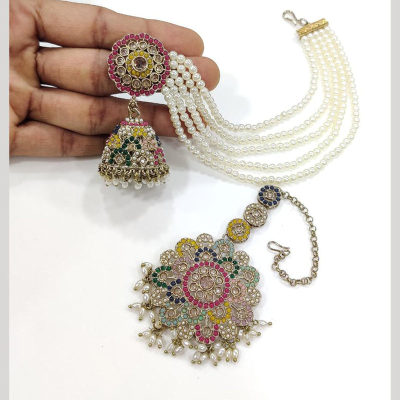 JCM Gold Plated Crystal Stone And Pearls Jhumki With Maangtikka