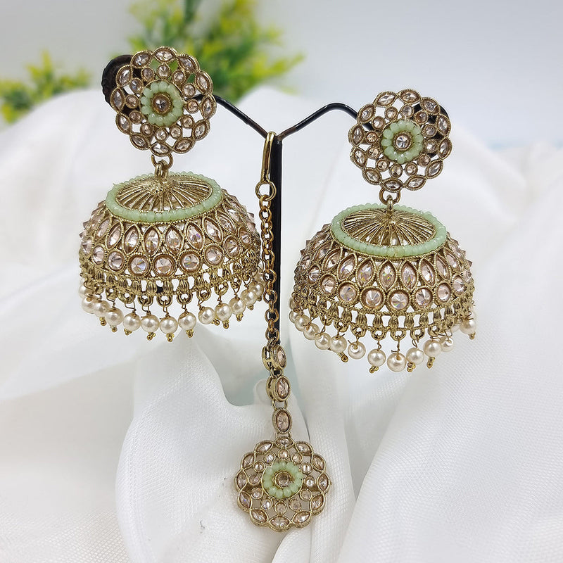 JCM Gold Plated Crystal Stone And Pearls Earrings With Maangtikka