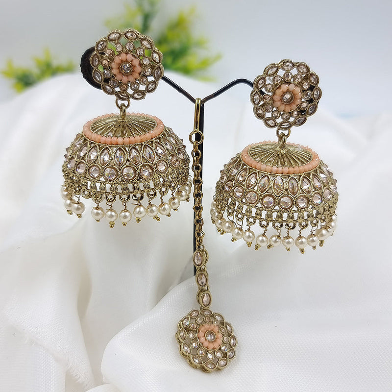 JCM Gold Plated Crystal Stone And Pearls Earrings With Maangtikka