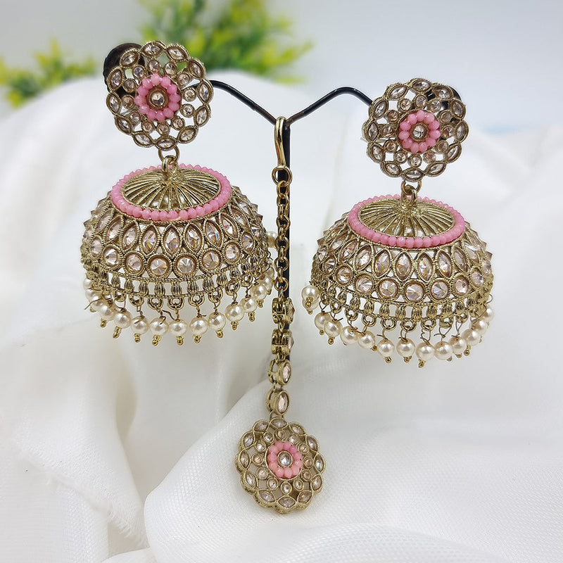 JCM Gold Plated Crystal Stone And Pearls Earrings With Maangtikka