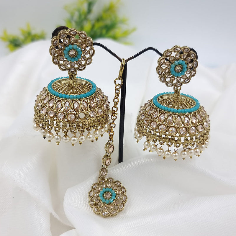 JCM Gold Plated Crystal Stone And Pearls Earrings With Maangtikka