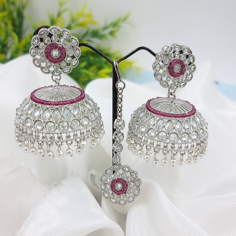 JCM Silver Plated Crystal Stone And Pearls Earrings With Maangtikka