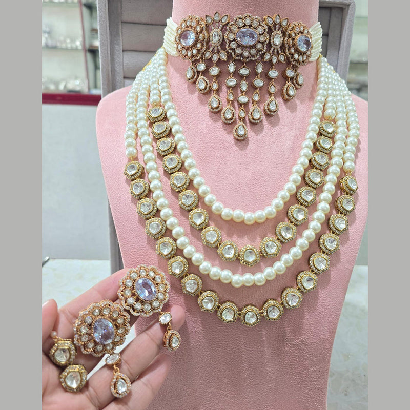 JCM Gold Plated Polki Kundan Stone Double Necklace Set