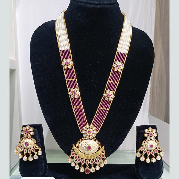 JCM Gold Plated Kundan Stone And Pearls Long Necklace Set