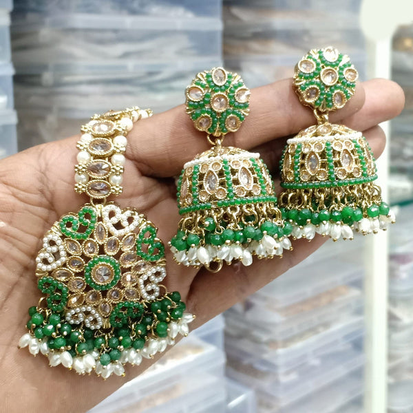 JCM Gold Plated Crystal Stone And Pearls Jhumki With Maangtikka