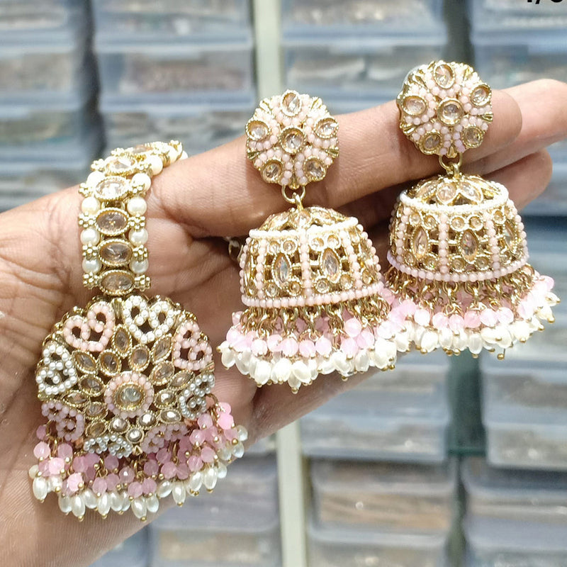 JCM Gold Plated Crystal Stone And Pearls Jhumki With Maangtikka