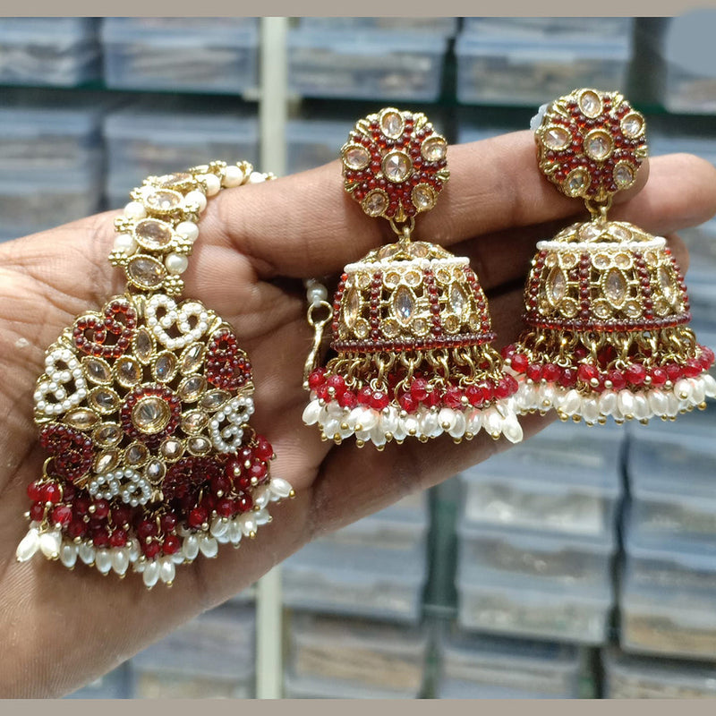 JCM Gold Plated Crystal Stone And Pearls Jhumki With Maangtikka