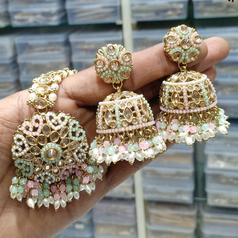 JCM Gold Plated Crystal Stone And Pearls Jhumki With Maangtikka