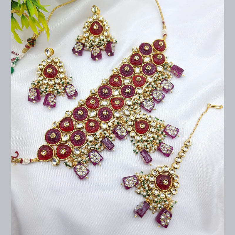 JCM Gold Plated Kundan Stone And Beads Choker Necklace Set