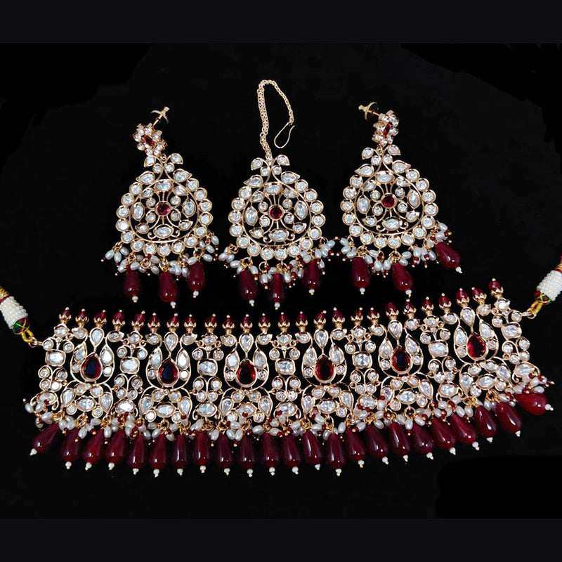 JCM Gold Plated Polki Kundan Stone And Beads Choker Necklace Set