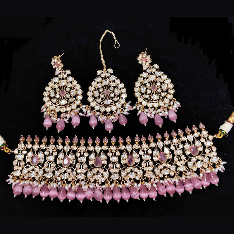 JCM Gold Plated Polki Kundan Stone And Beads Choker Necklace Set