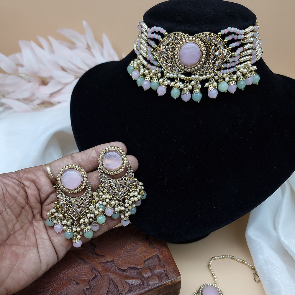 JCM Gold Plated Crystal Stone And Pearls Choker Necklace Set