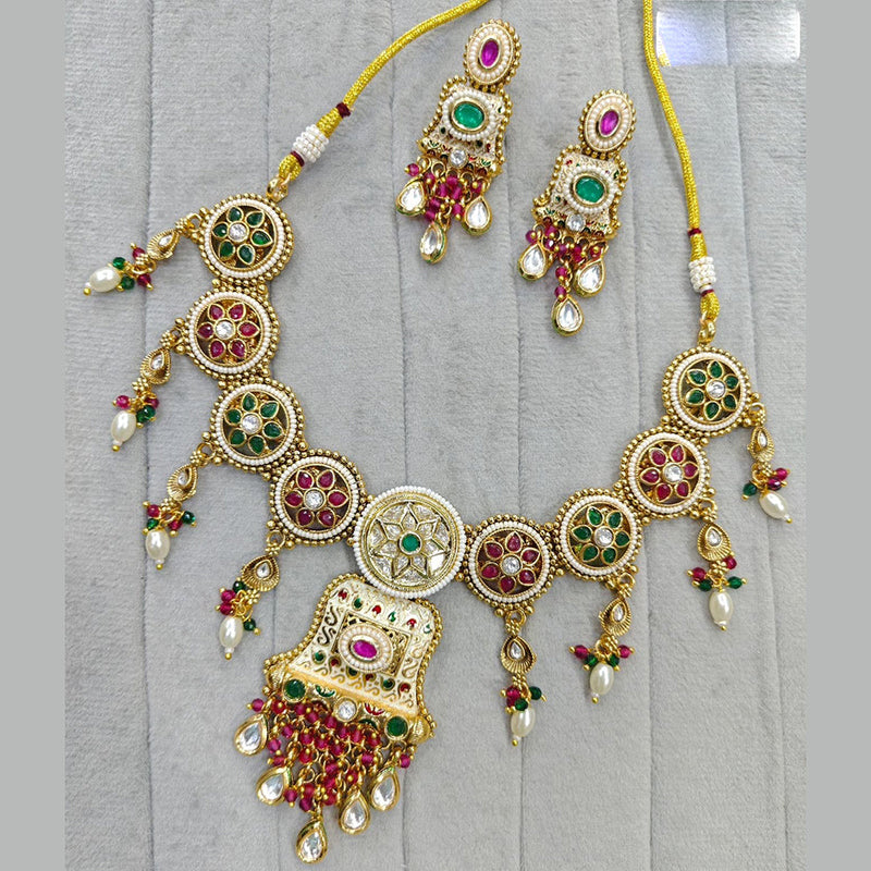 JCM Gold Plated Pota Stone And Meenakari Necklace Set