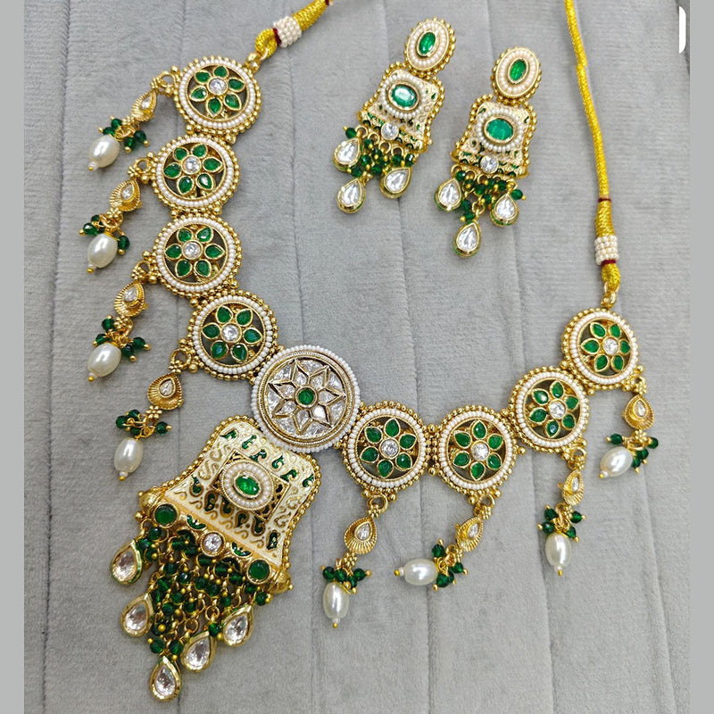 JCM Gold Plated Pota Stone And Meenakari Necklace Set