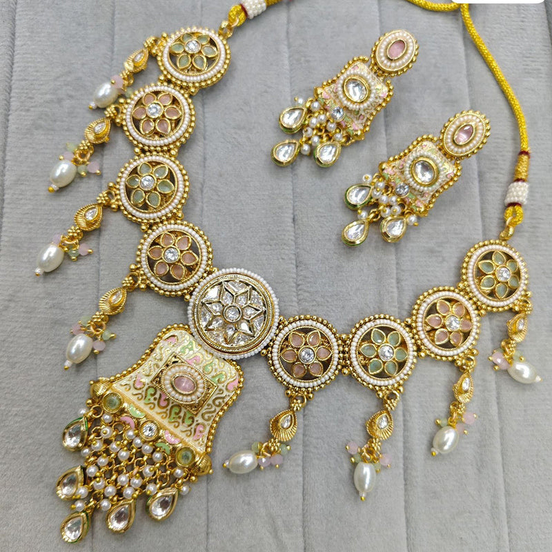 JCM Gold Plated Pota Stone And Meenakari Necklace Set