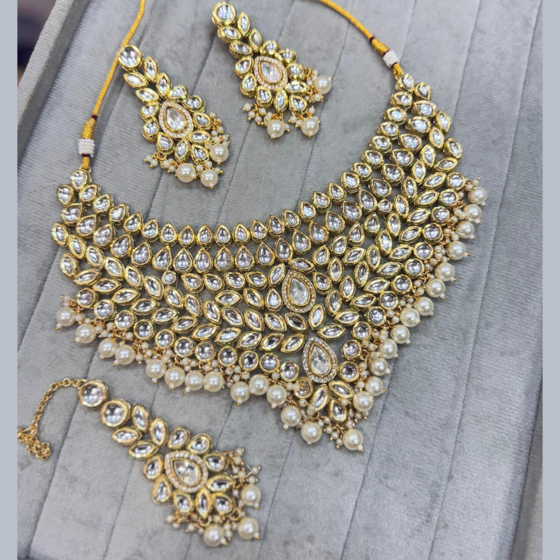 JCM Gold Plated Kundan Stone And Pearls Choker Necklace Set