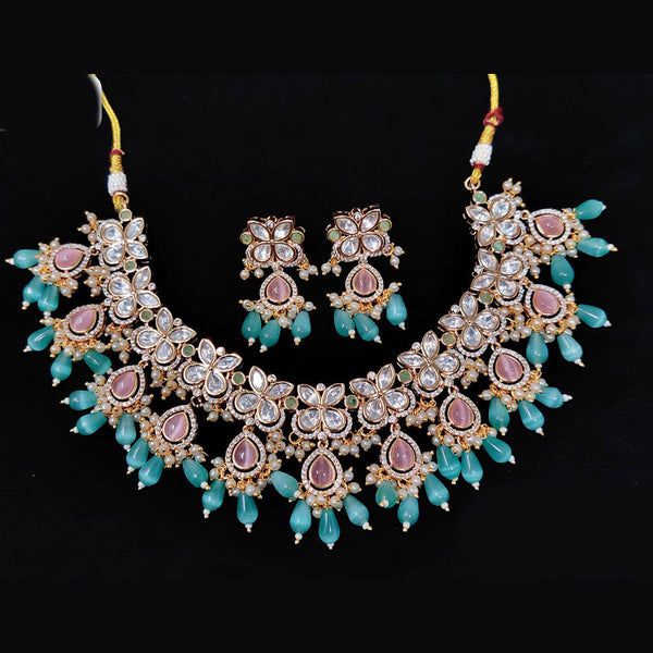 JCM Gold Plated Polki Kundan Stone And Beads Necklace Set