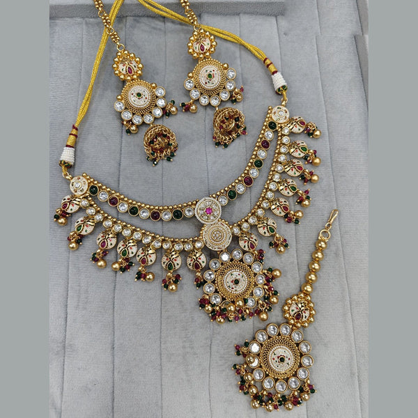 JCM Gold Plated Kundan Stone And Pearls Meenakari Necklace Set