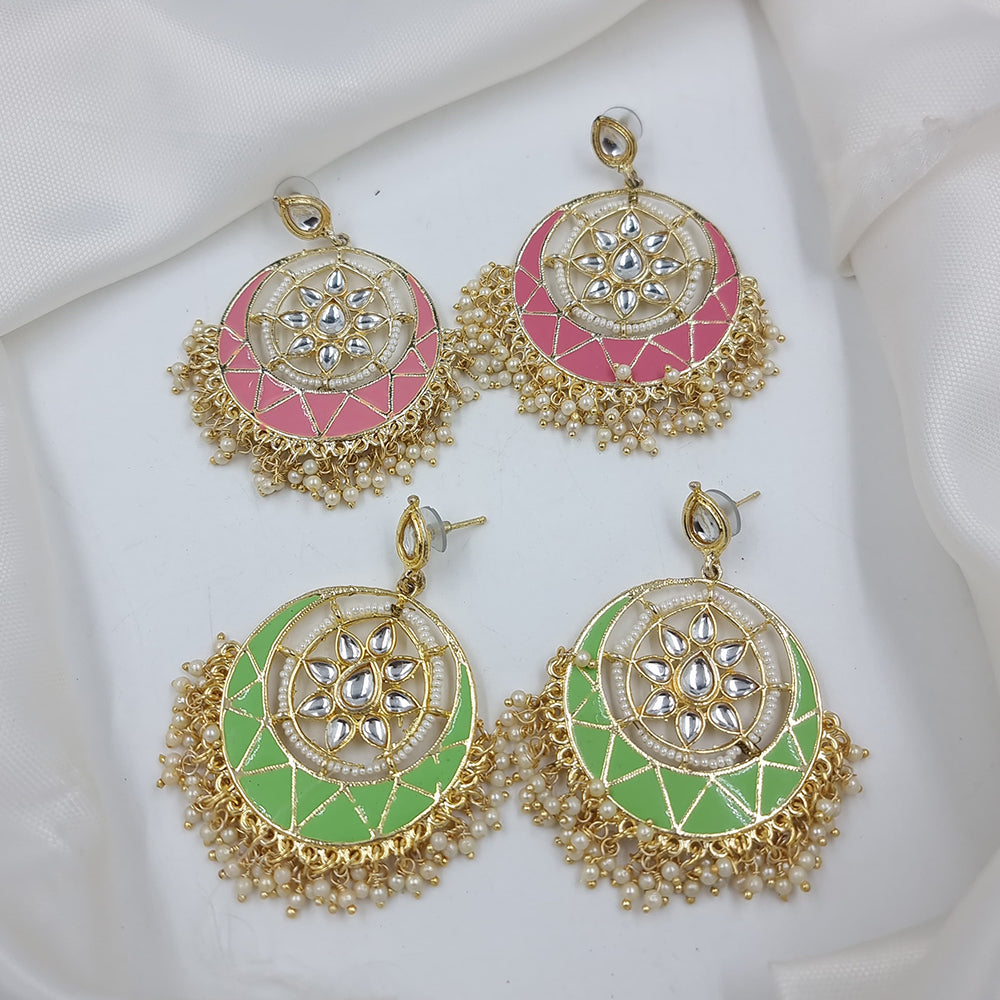 JCM Gold Plated Kundan Stone And Meenakari Pearls Dangler Earrings