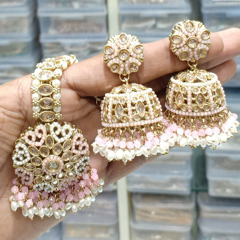 JCM Gold Plated Crystal Stone And Pearls Jhumki With Maangtikka