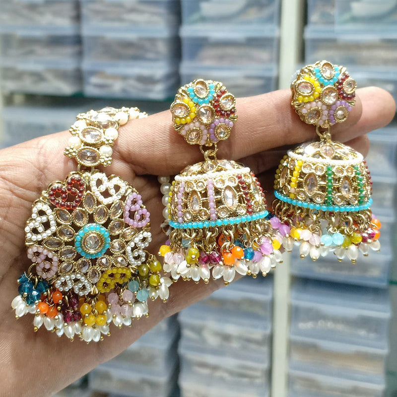 JCM Gold Plated Crystal Stone And Pearls Jhumki With Maangtikka