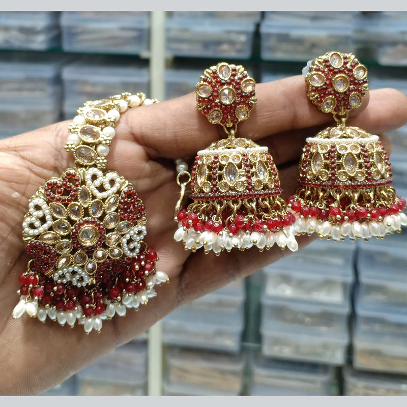 JCM Gold Plated Crystal Stone And Pearls Jhumki With Maangtikka