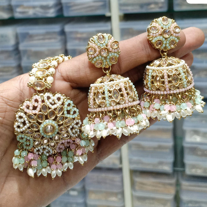 JCM Gold Plated Crystal Stone And Pearls Jhumki With Maangtikka