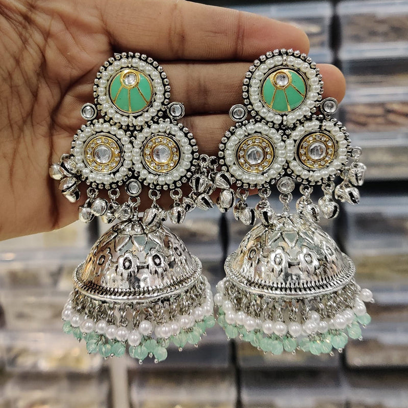 JCM 2 Tone Kundan Stone Ghungroo And Pearls Jhumki