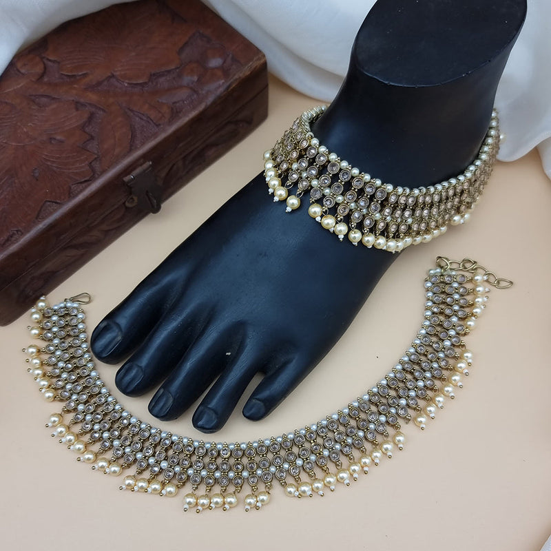 JCM Gold Plated Crystal Stone Beads And Pearls Payal Anklets