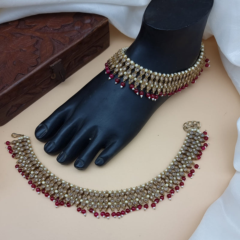 JCM Gold Plated Crystal Stone Beads And Pearls Payal Anklets