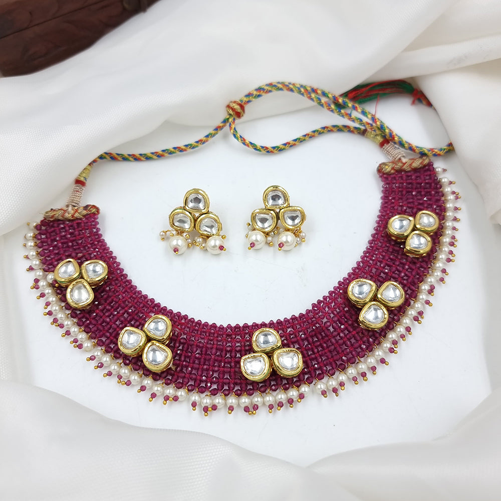 JCM Gold Plated Kundan Stone And Pearls Necklace Set