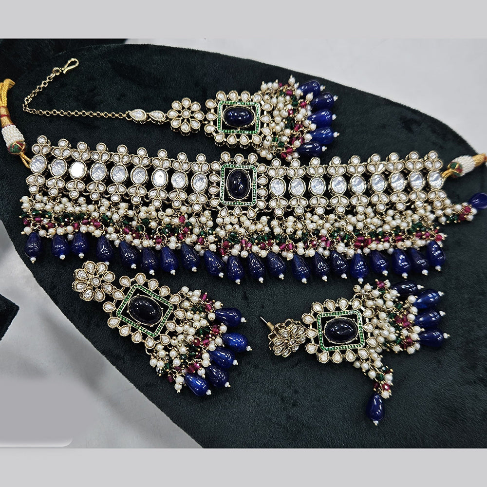JCM Gold Plated Polki Kundan Stone And Beads Choker Necklace Set
