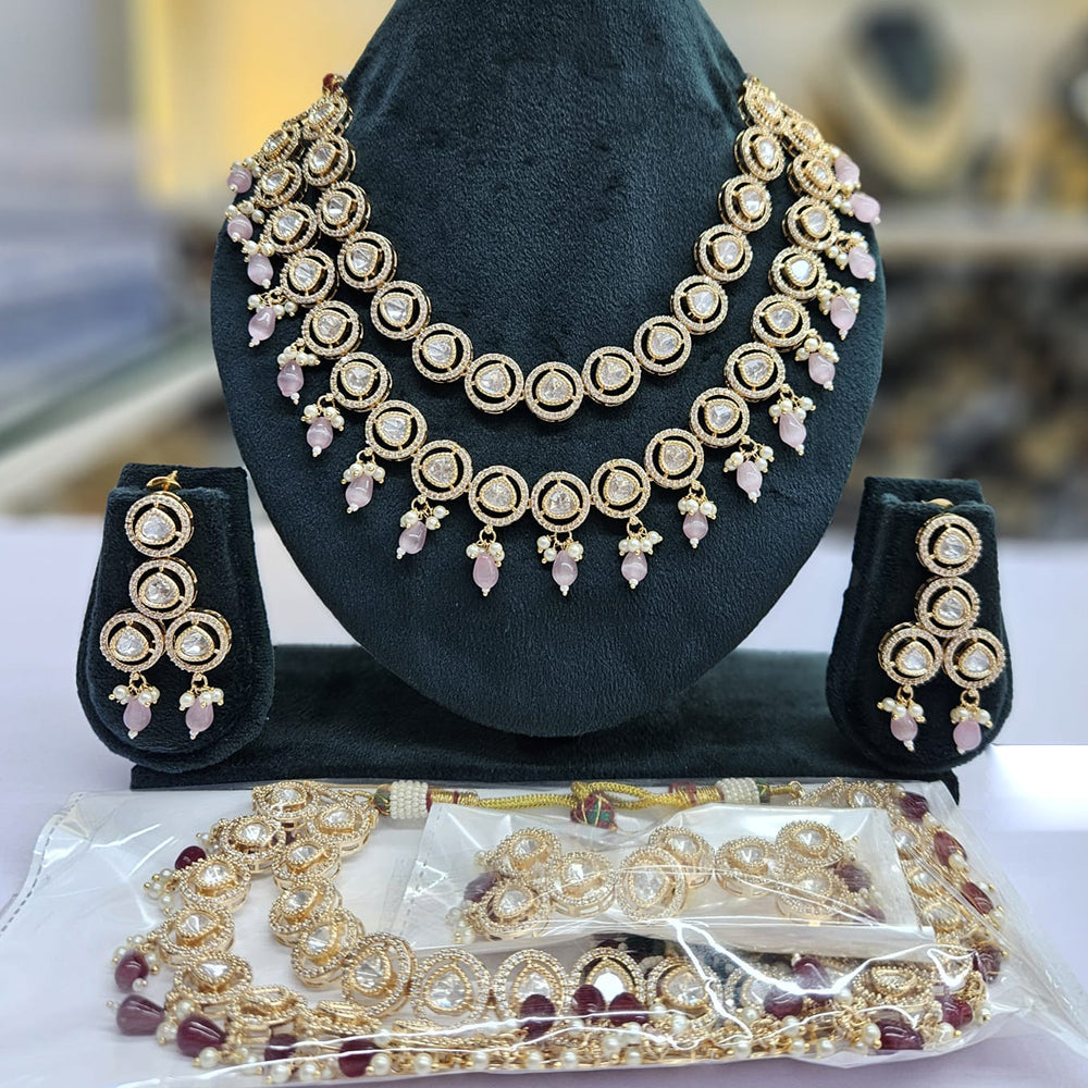 JCM Gold Plated Polki Kundan Stone And Beads Necklace Set
